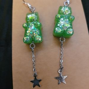 Green glittery bear threader earrings with stars